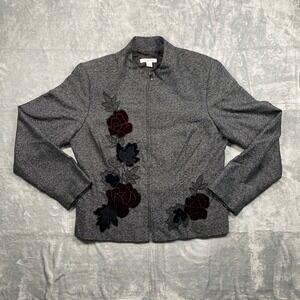 Dressbarn Blazer Women Gray Floral Rose Embroidered Herringbone Jacket Size 14